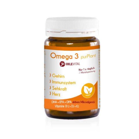Omega3, Ihlevital, aktives Microalgenöl, DHA, EPA, DPA, pflanzlich, Gehirn, Sehkraft, Herz, + 3 Vitamine Essentielle Fettsäuren, Blutdruck, Immunsystem, gelantinefrei,